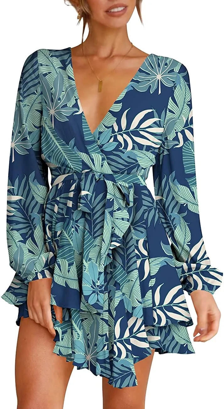 Women's Dress Deep V-Neck Long Sleeve Waist Tie Ruffle Mini