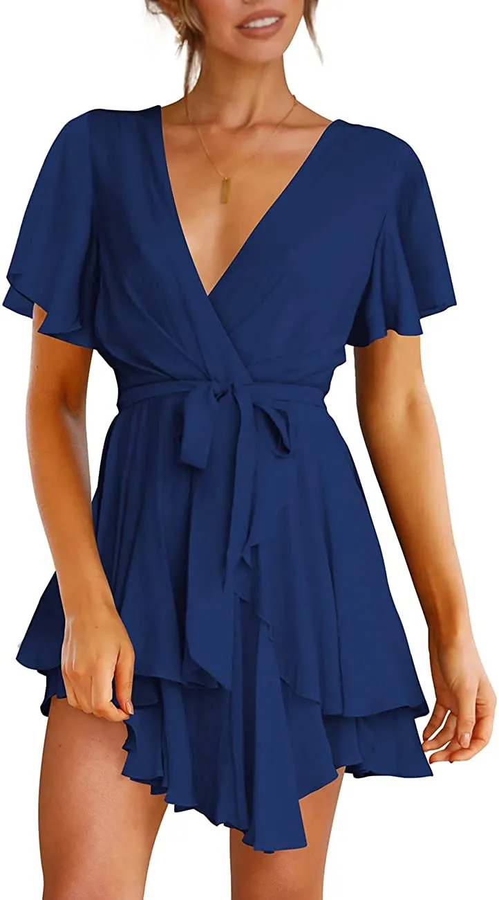 Women's Dress Deep V-Neck Long Sleeve Waist Tie Ruffle Mini