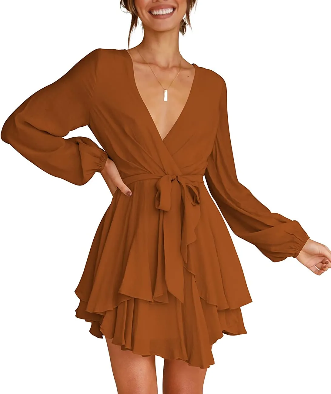 Women's Dress Deep V-Neck Long Sleeve Waist Tie Ruffle Mini