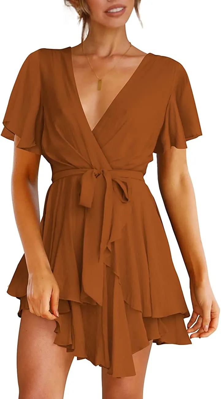 Women's Dress Deep V-Neck Long Sleeve Waist Tie Ruffle Mini