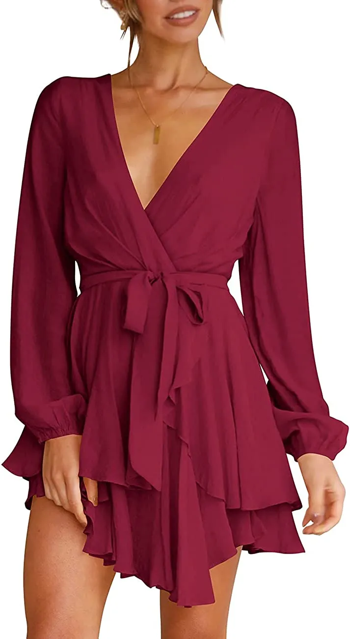 Women's Dress Deep V-Neck Long Sleeve Waist Tie Ruffle Mini