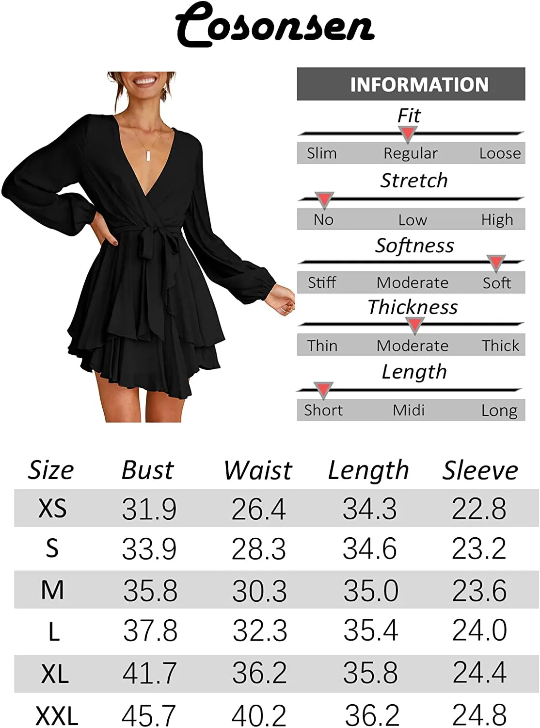 Women's Dress Deep V-Neck Long Sleeve Waist Tie Ruffle Mini
