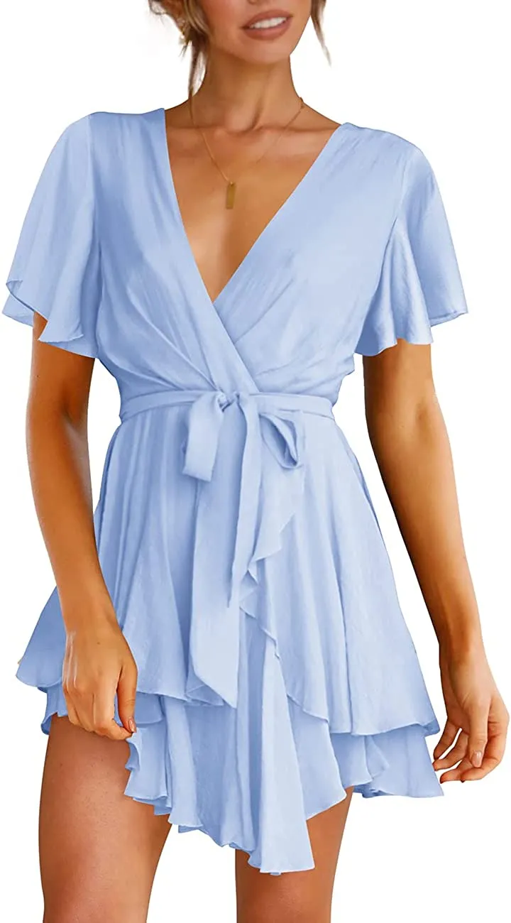 Women's Dress Deep V-Neck Long Sleeve Waist Tie Ruffle Mini