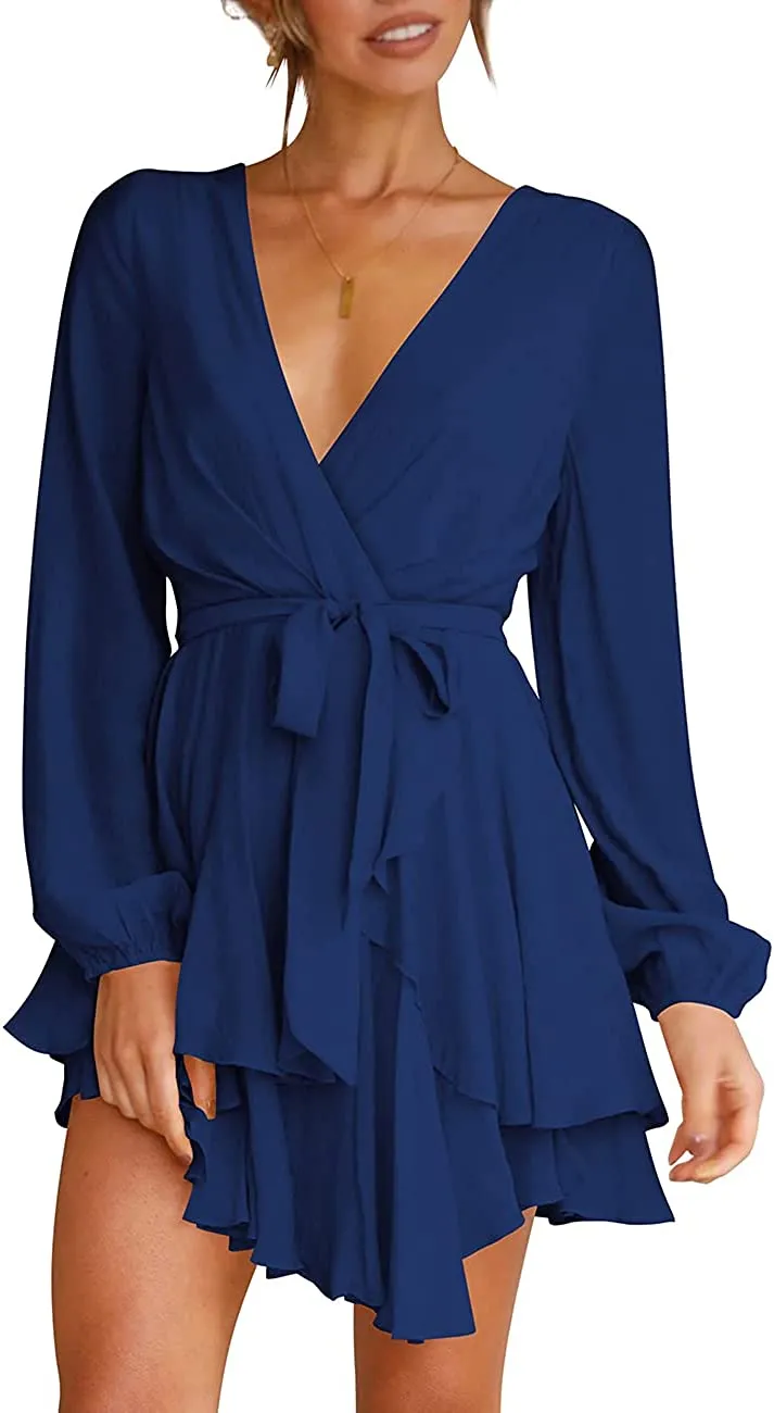 Women's Dress Deep V-Neck Long Sleeve Waist Tie Ruffle Mini
