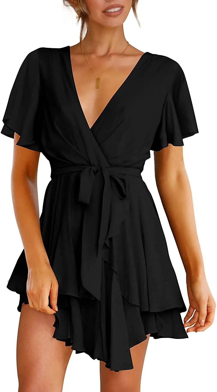 Women's Dress Deep V-Neck Long Sleeve Waist Tie Ruffle Mini