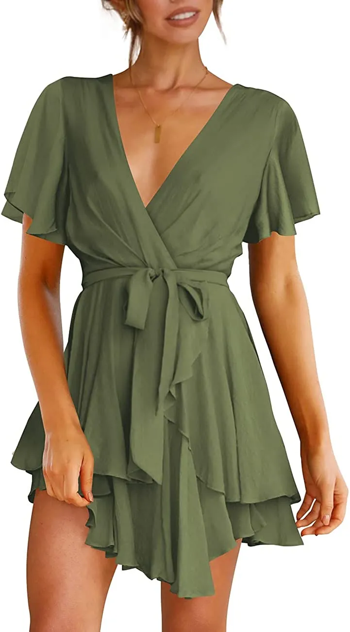 Women's Dress Deep V-Neck Long Sleeve Waist Tie Ruffle Mini