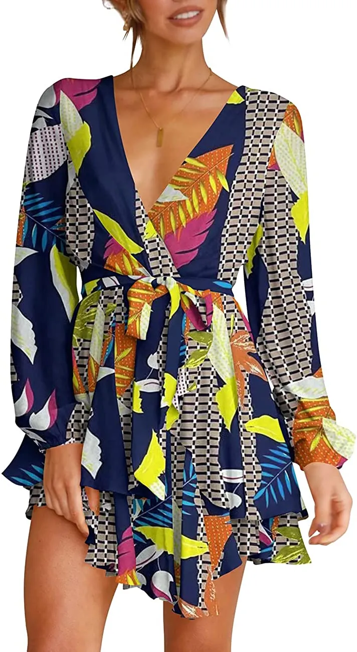 Women's Dress Deep V-Neck Long Sleeve Waist Tie Ruffle Mini