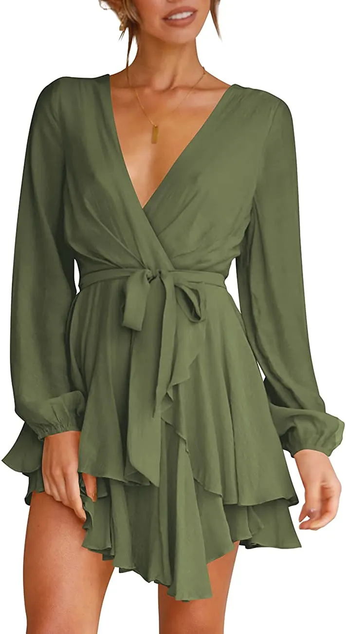 Women's Dress Deep V-Neck Long Sleeve Waist Tie Ruffle Mini