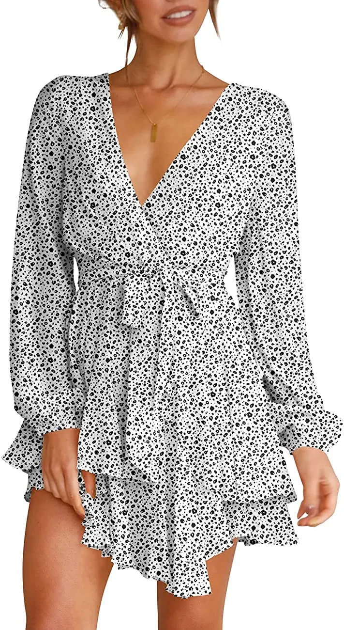Women's Dress Deep V-Neck Long Sleeve Waist Tie Ruffle Mini