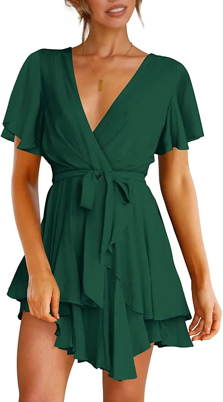 Women's Dress Deep V-Neck Long Sleeve Waist Tie Ruffle Mini