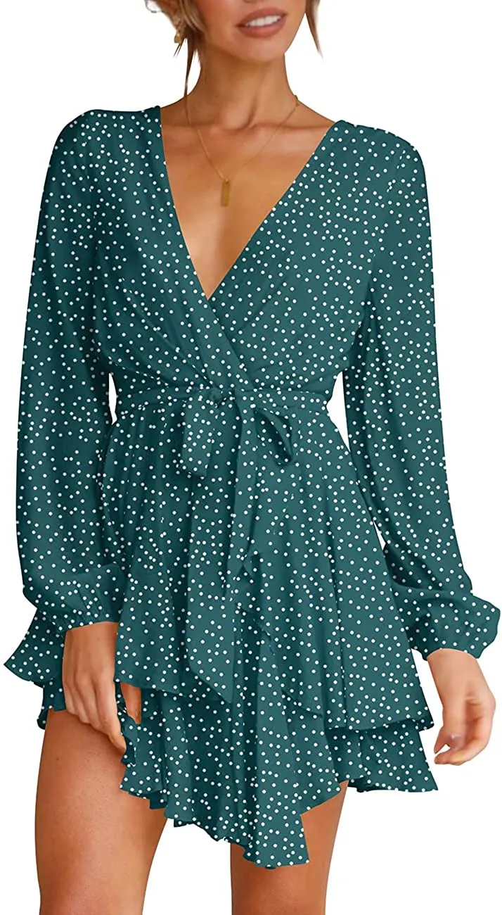 Women's Dress Deep V-Neck Long Sleeve Waist Tie Ruffle Mini