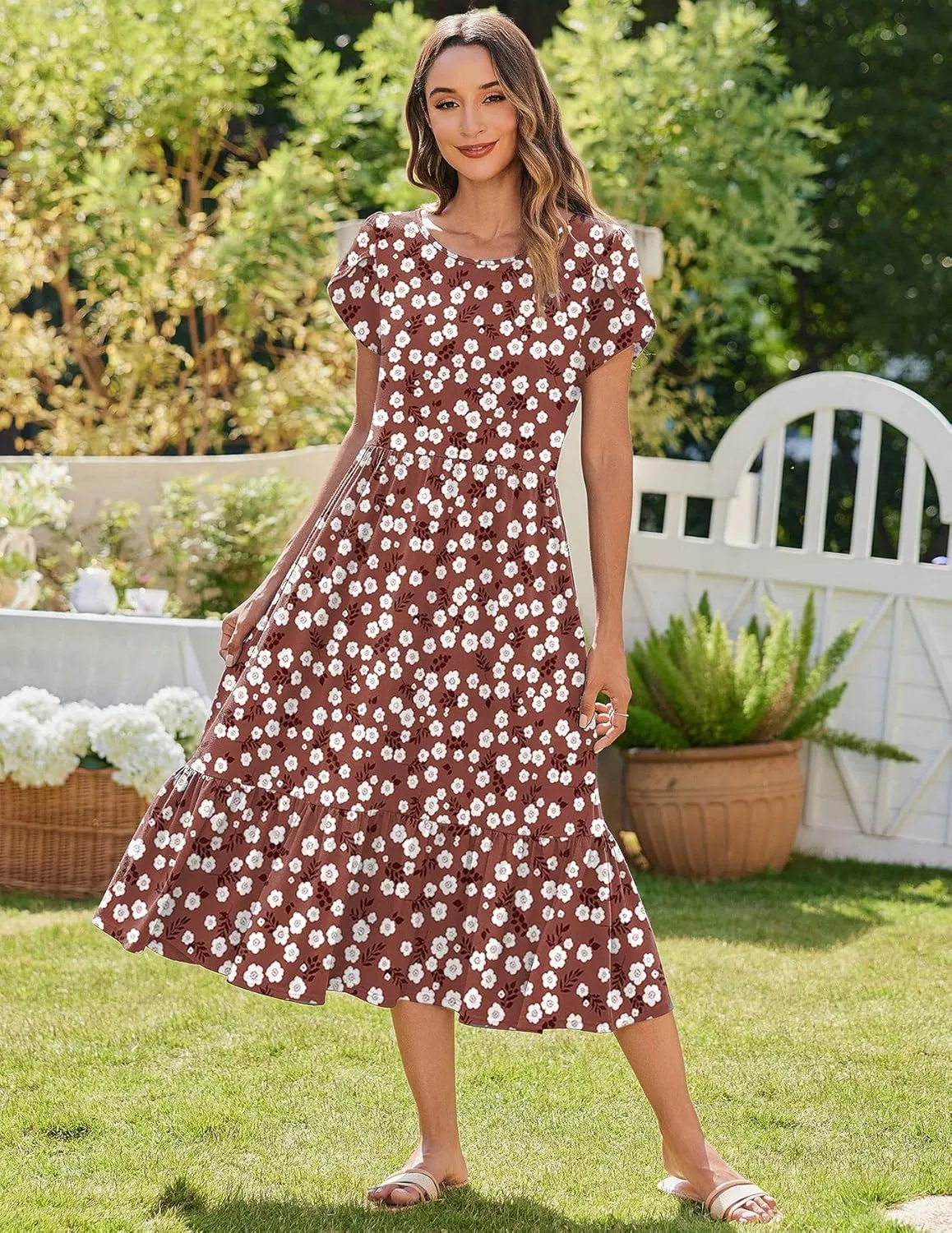 Zeagoo Midi A Line Dress Short Sleeve Casual Flowy Tiered Sundress
