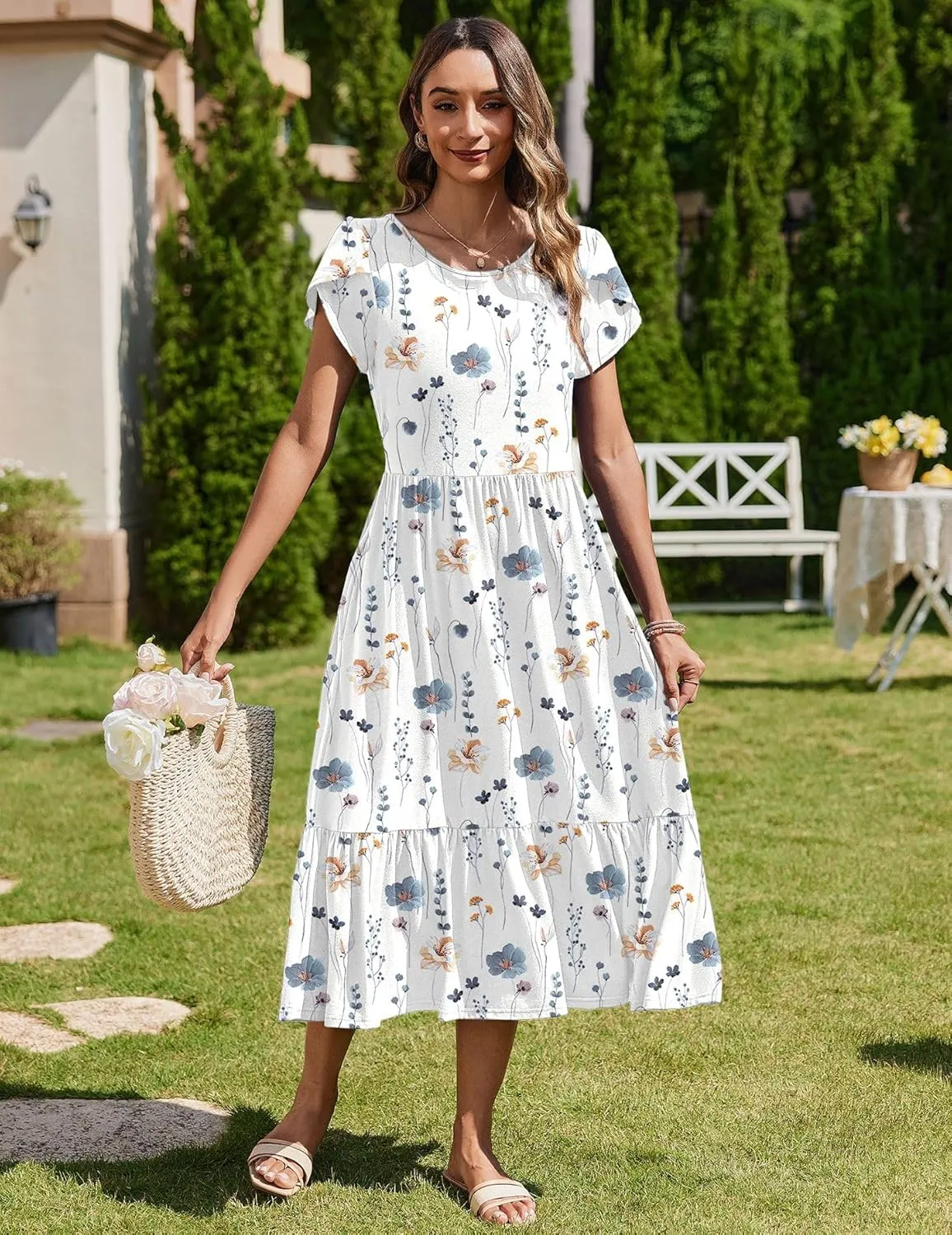 Zeagoo Midi A Line Dress Short Sleeve Casual Flowy Tiered Sundress