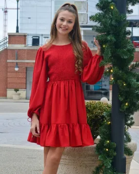 ZESICA Long Sleeve Crew Neck Smocked Tiered Mini Dress