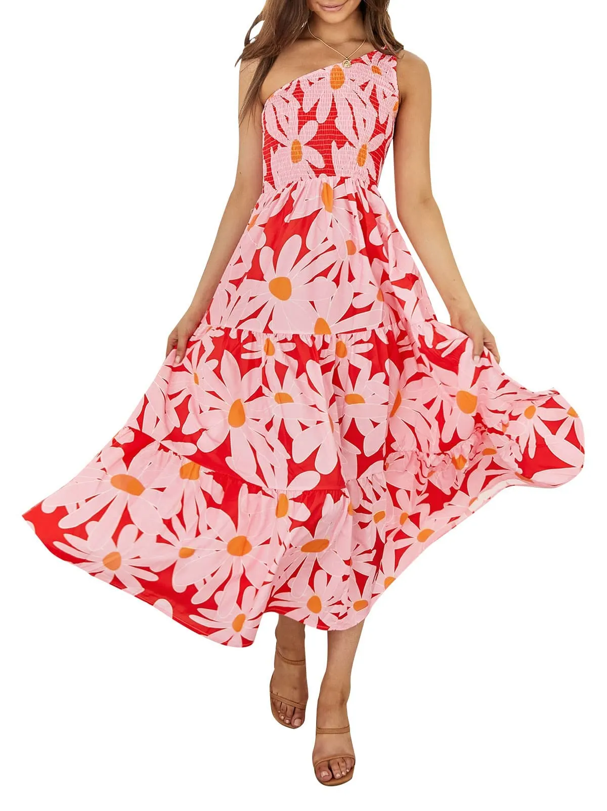 ZESICA One Shoulder Sleeveless Smocked Boho Floral Midi Dress
