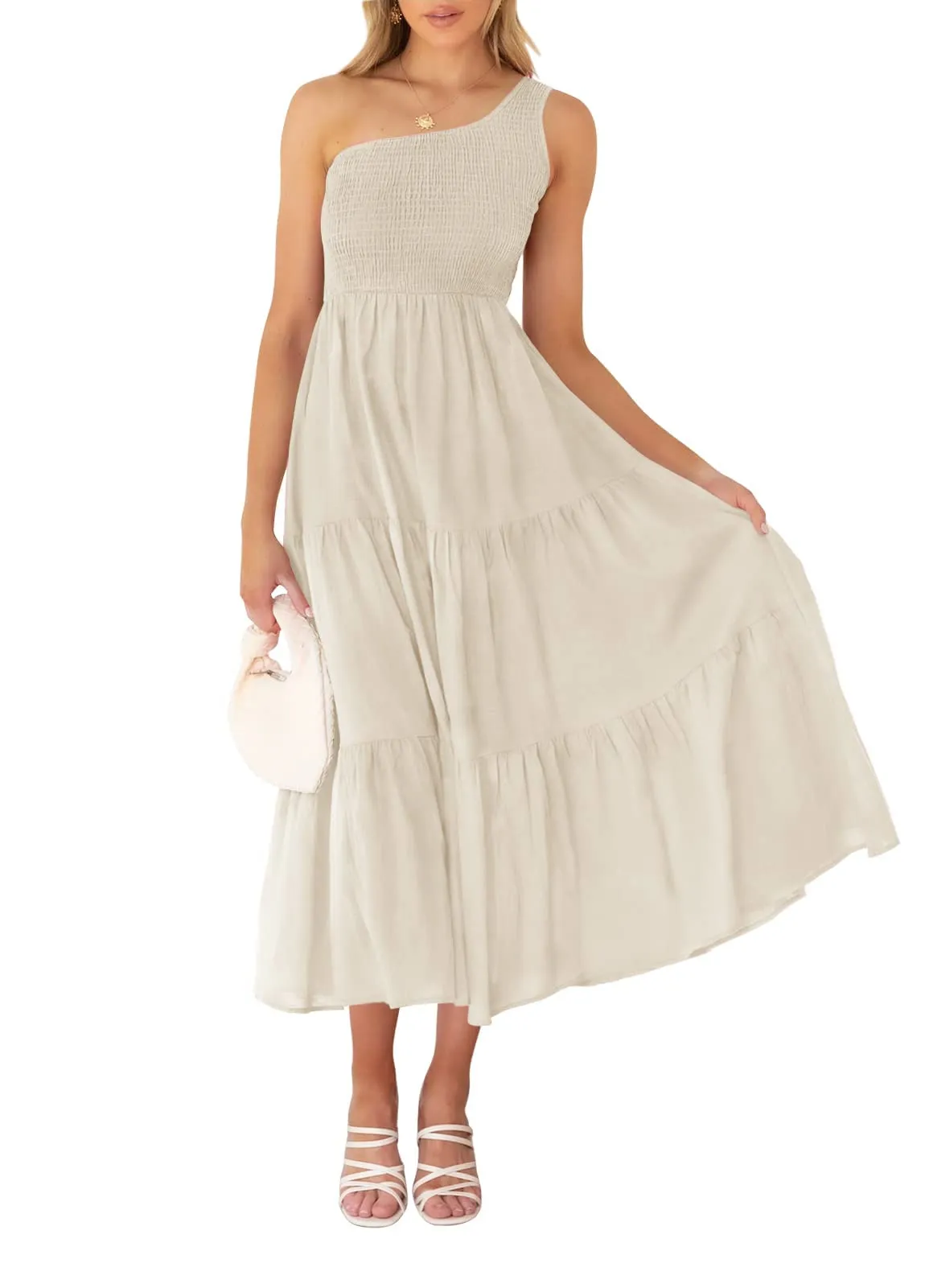ZESICA One Shoulder Sleeveless Smocked Boho Floral Midi Dress