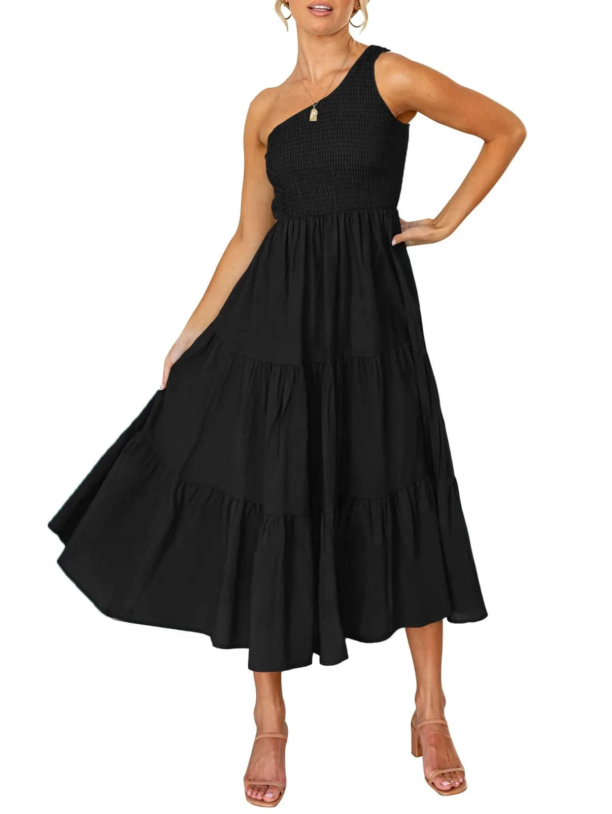 ZESICA One Shoulder Sleeveless Smocked Boho Floral Midi Dress