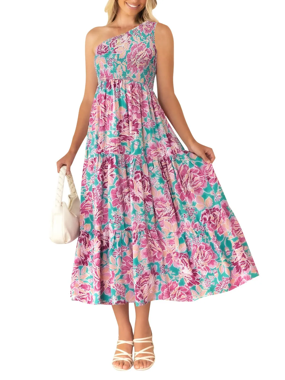 ZESICA One Shoulder Sleeveless Smocked Boho Floral Midi Dress