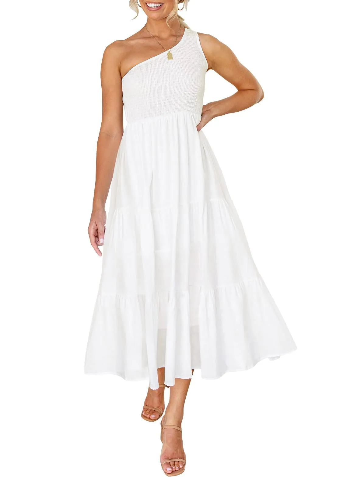 ZESICA One Shoulder Sleeveless Smocked Boho Floral Midi Dress