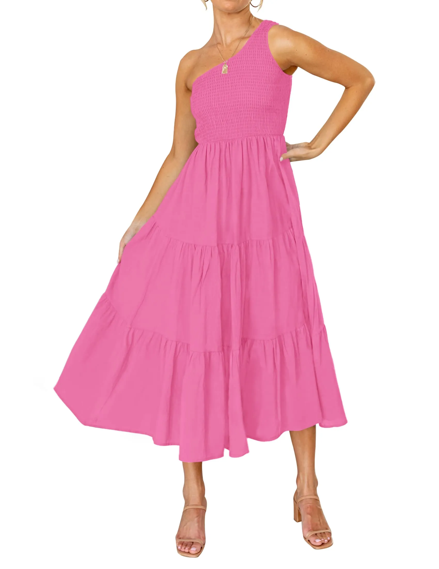 ZESICA One Shoulder Sleeveless Smocked Boho Floral Midi Dress