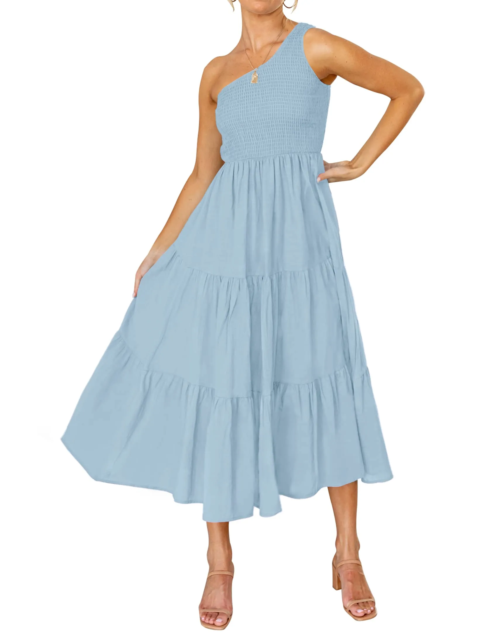 ZESICA One Shoulder Sleeveless Smocked Boho Floral Midi Dress