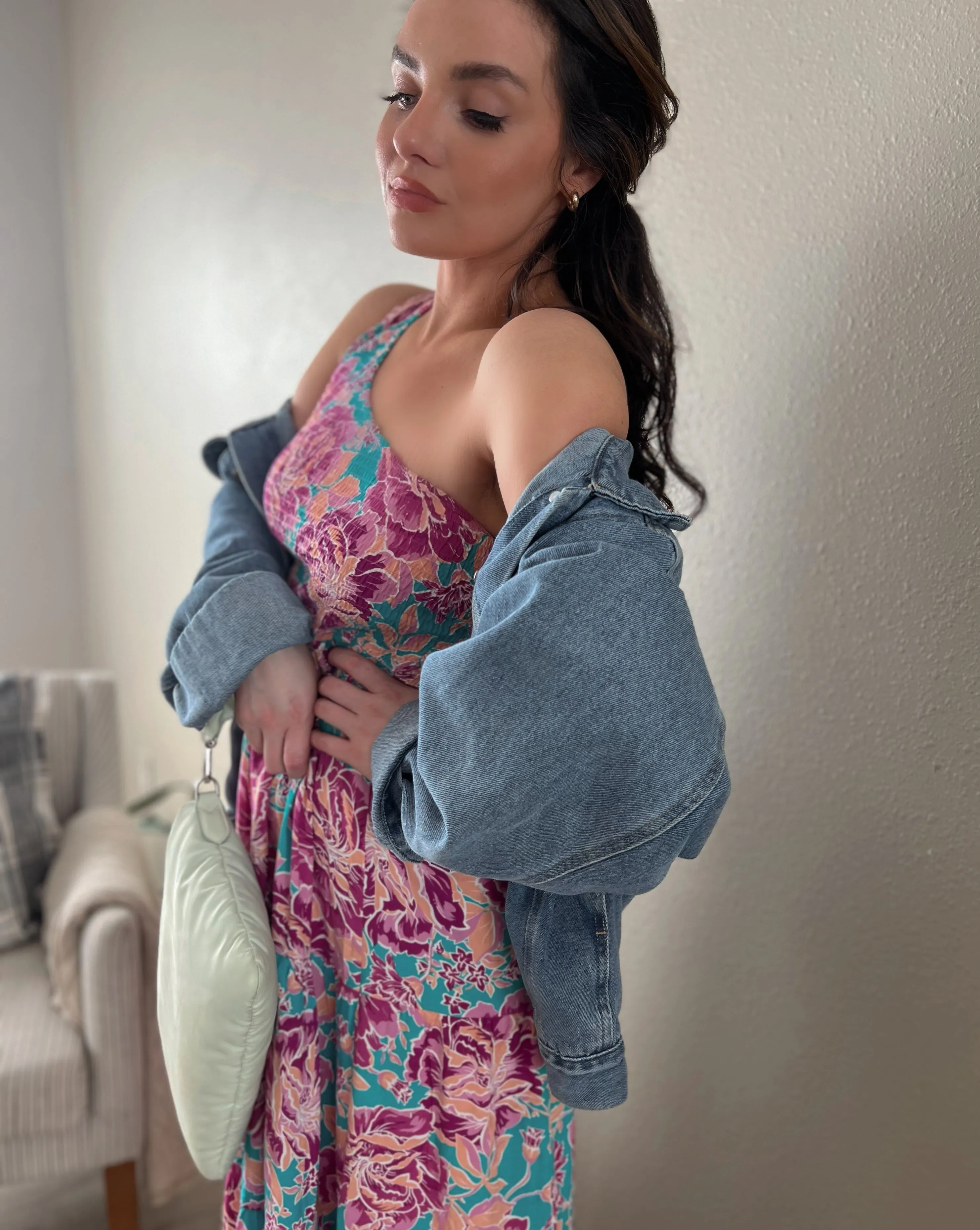 ZESICA One Shoulder Sleeveless Smocked Boho Floral Midi Dress