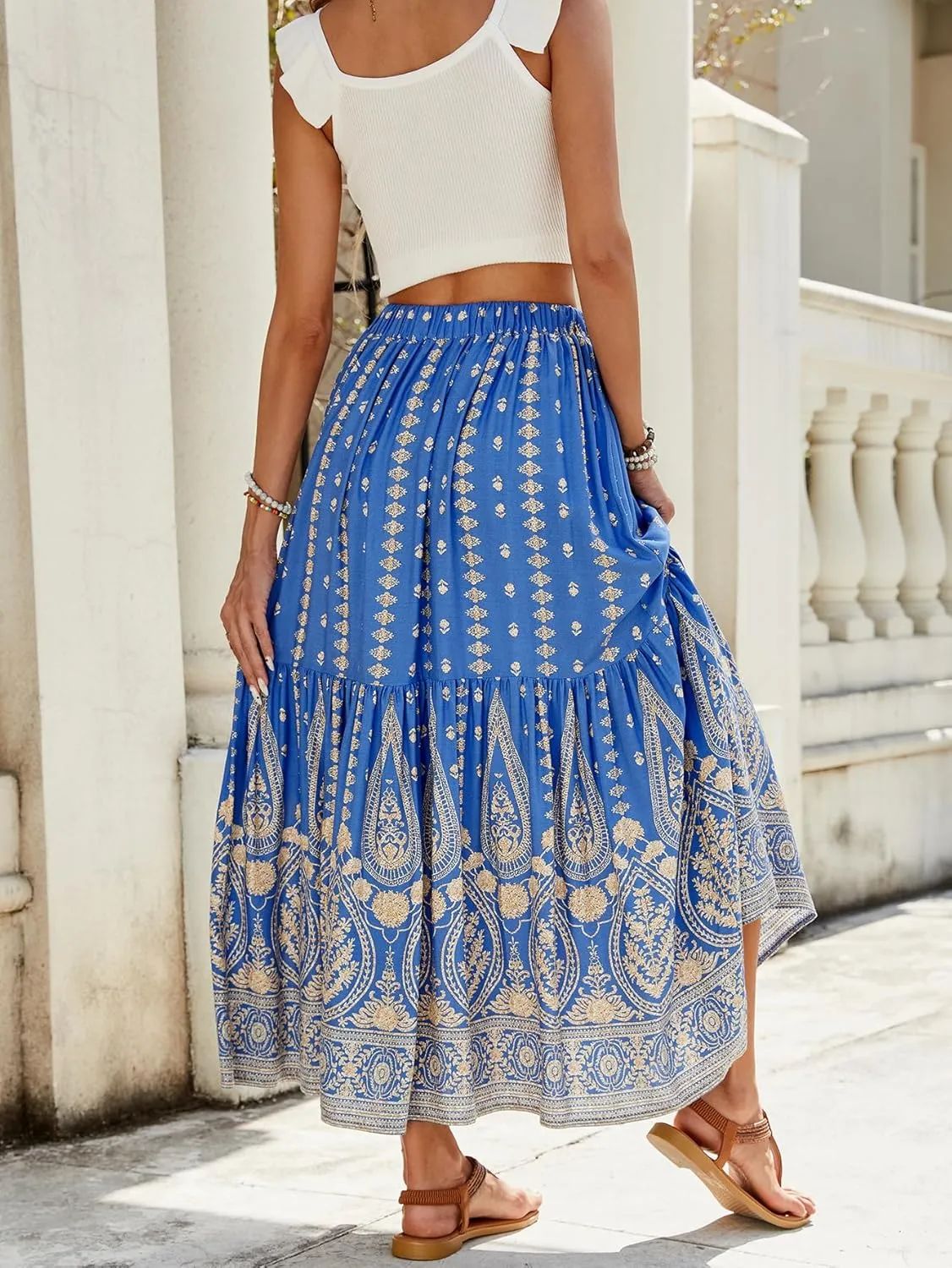 ZOCAVIA Women's Boho Floral Maxi Skirt Elastic High Waist Pleated A-Line Swing Flowy Long Skirts Beach Vacation Outfits