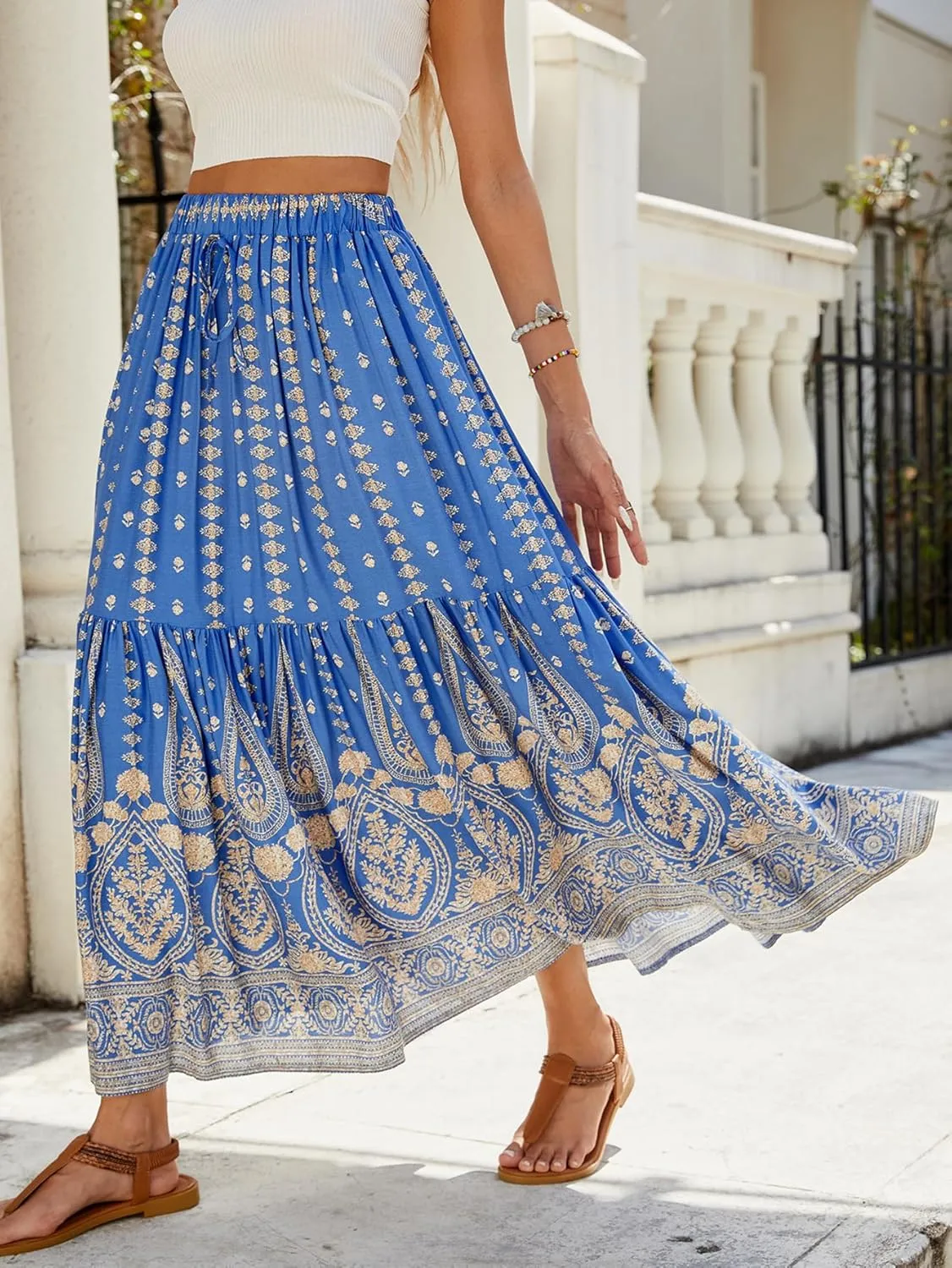 ZOCAVIA Women's Boho Floral Maxi Skirt Elastic High Waist Pleated A-Line Swing Flowy Long Skirts Beach Vacation Outfits