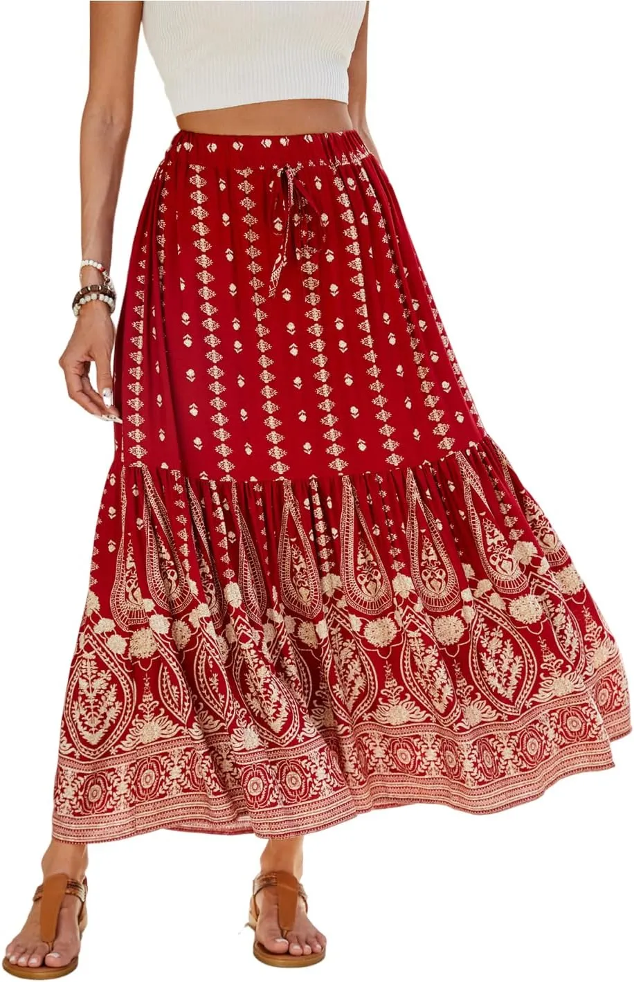 ZOCAVIA Women's Boho Floral Maxi Skirt Elastic High Waist Pleated A-Line Swing Flowy Long Skirts Beach Vacation Outfits